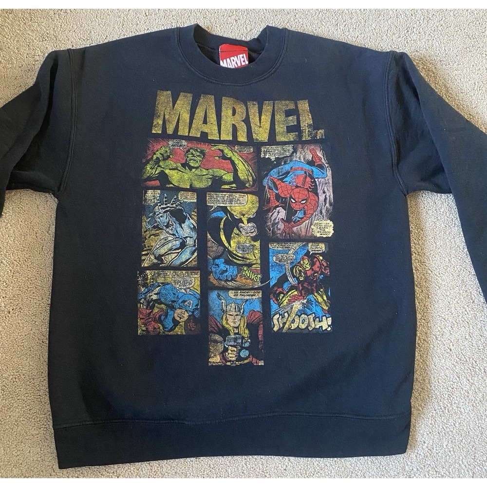 Vintage Marvel Sweatshirt Mens Medium Black Pullover Crewneck Comic Book Print